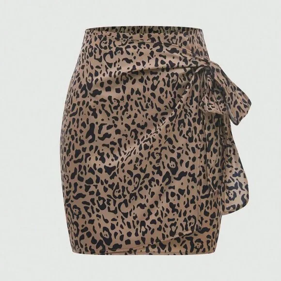 Khaki Casual Women's Leopard Print Twist Knot Mini Skirt - Picture 5 of 8
